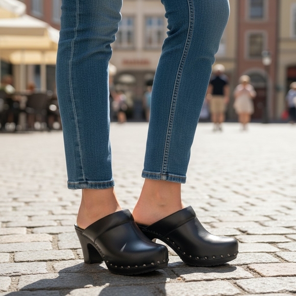 Dansko Shoes - DANSKO | Rae Black Leather Heeled Clogs Studded Mules | EU 38 (US 7.5 -8)